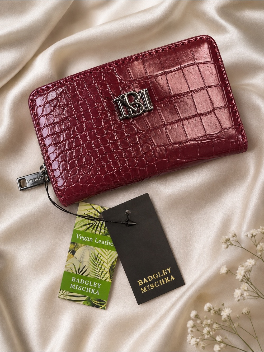Badgley Mischka Burgundy Croc-Embossed Zip Card Wallet with Logo